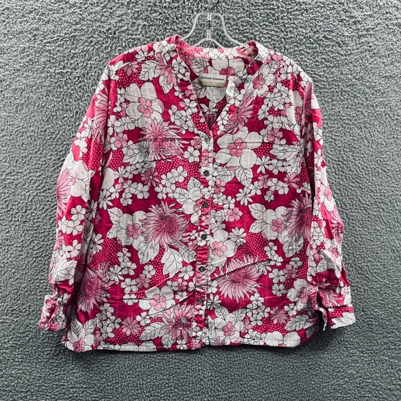 Alfred Dunner Womens Top 18W Pink White Floral 100% Cotton Button Front Roll Tab - Picture 1 of 10